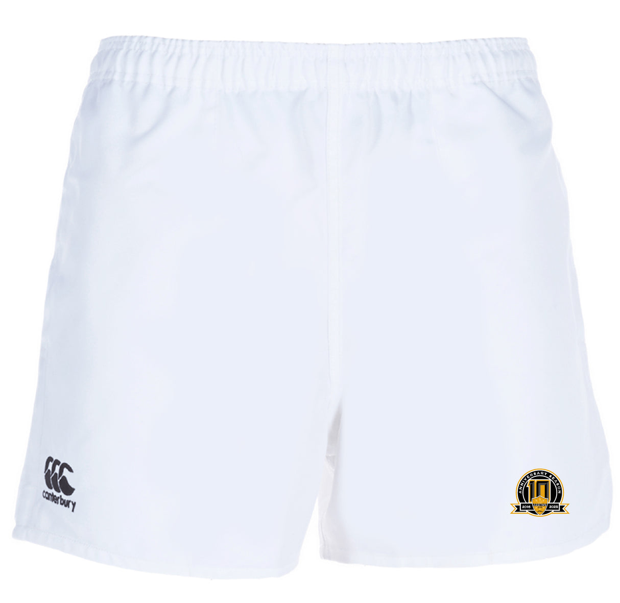 The Arrows Rugby Club 10th Anniversary Professional Polyester Rugby Short by EMB Canterbury features the Canterbury logo on the left leg and a small circular team emblem on the right leg.