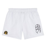 The Arrows Rugby Club 10th Anniversary Tactic Short by EMB Canterbury features an elastic waistband, a black abstract logo on the right leg, and a multicolored emblem on the left—ideal for men’s rugby or Canterbury shorts fans.