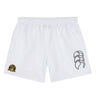 The Arrows Rugby Club 10th Anniversary Tactic Short by EMB Canterbury features an elastic waistband, a black abstract logo on the right leg, and a multicolored emblem on the left—ideal for men’s rugby or Canterbury shorts fans.