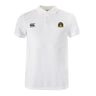 The Arrows Rugby Club 10th Anniversary Waimak Polo by EMB Canterbury is a white short-sleeve rugby polo with a collar, three buttons, and two embroidered chest logos—one on each side.