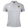 Light grey Arrows Rugby Club 10th Anniversary Waimak Polo by EMB Canterbury, featuring a two-button placket, Canterbury logo on the right chest, and a circular yellow-detailed emblem on the left—a classic rugby style.