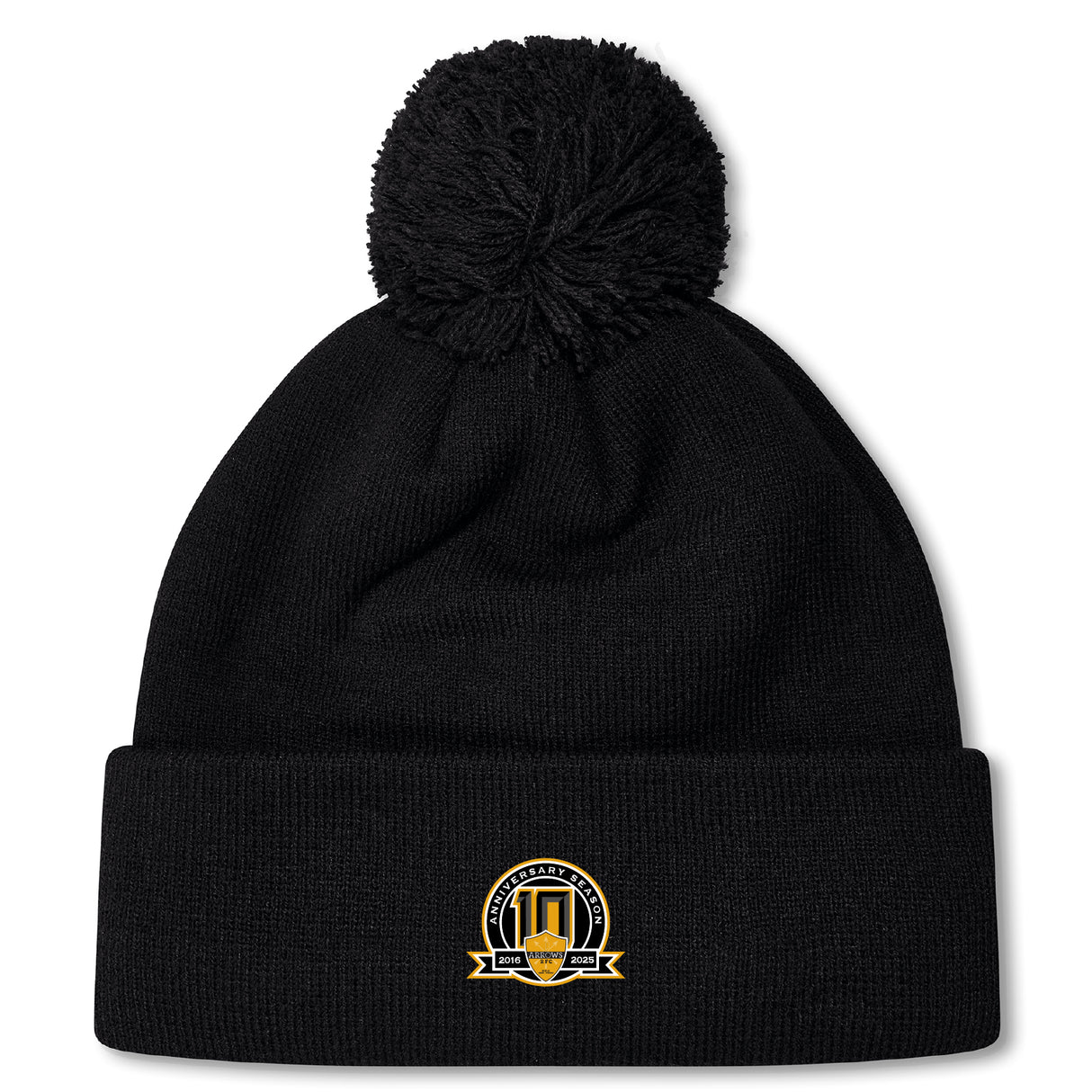 Stay warm on chilly match days with the Arrows Rugby Club 10th Anniversary Pom Pom Beanie by EMB Canterbury—a black knit, fleece-lined hat featuring a gold and black logo patch and cozy pom-pom.
