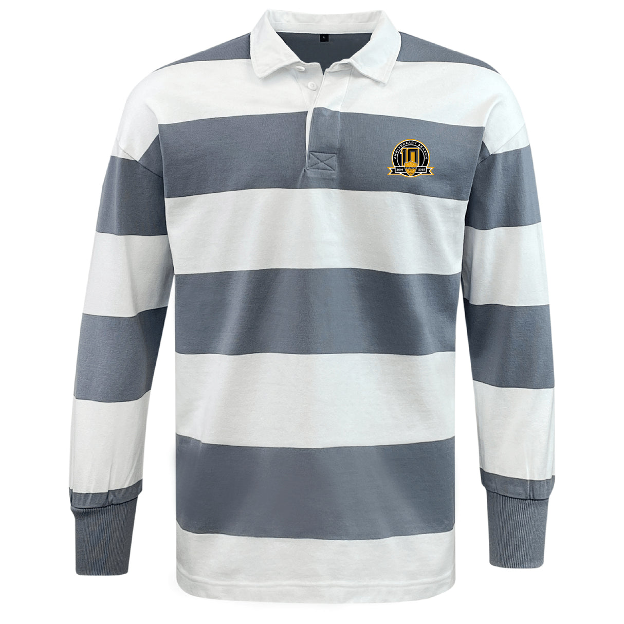 The EMB Mudoo Arrows Rugby Club 10th Anniversary Classic Long Sleeve Hooped Rugby Jersey features wide white and gray stripes, a buttoned collar, and a small embroidered crest for a timeless look.