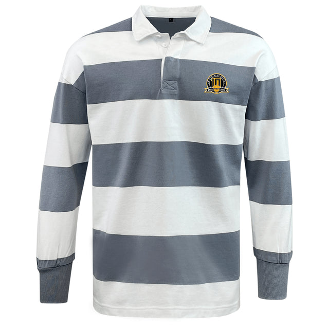 The EMB Mudoo Arrows Rugby Club 10th Anniversary Classic Long Sleeve Hooped Rugby Jersey features wide white and gray stripes, a buttoned collar, and a small embroidered crest for a timeless look.