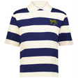 The EMB Augusta Women's Vintage Argentina Prep Street Rugby Crop is a short-sleeve collared tee with wide navy and white stripes, plus an embroidered yellow cheetah and "1910" on the left chest.