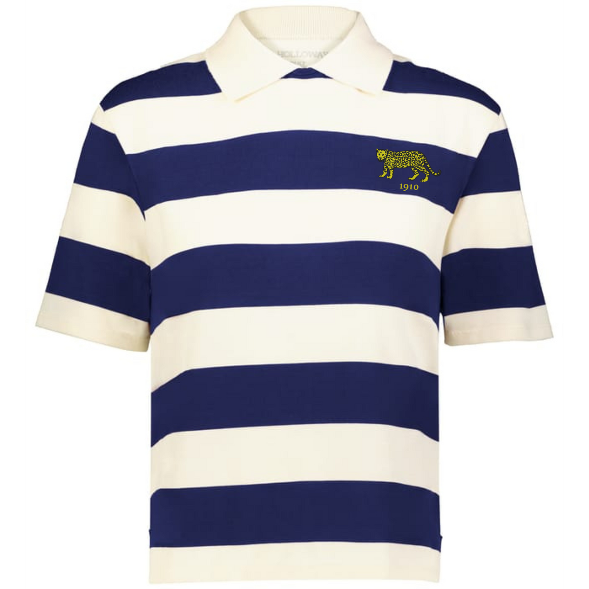 The EMB Augusta Women's Vintage Argentina Prep Street Rugby Crop is a short-sleeve collared tee with wide navy and white stripes, plus an embroidered yellow cheetah and "1910" on the left chest.