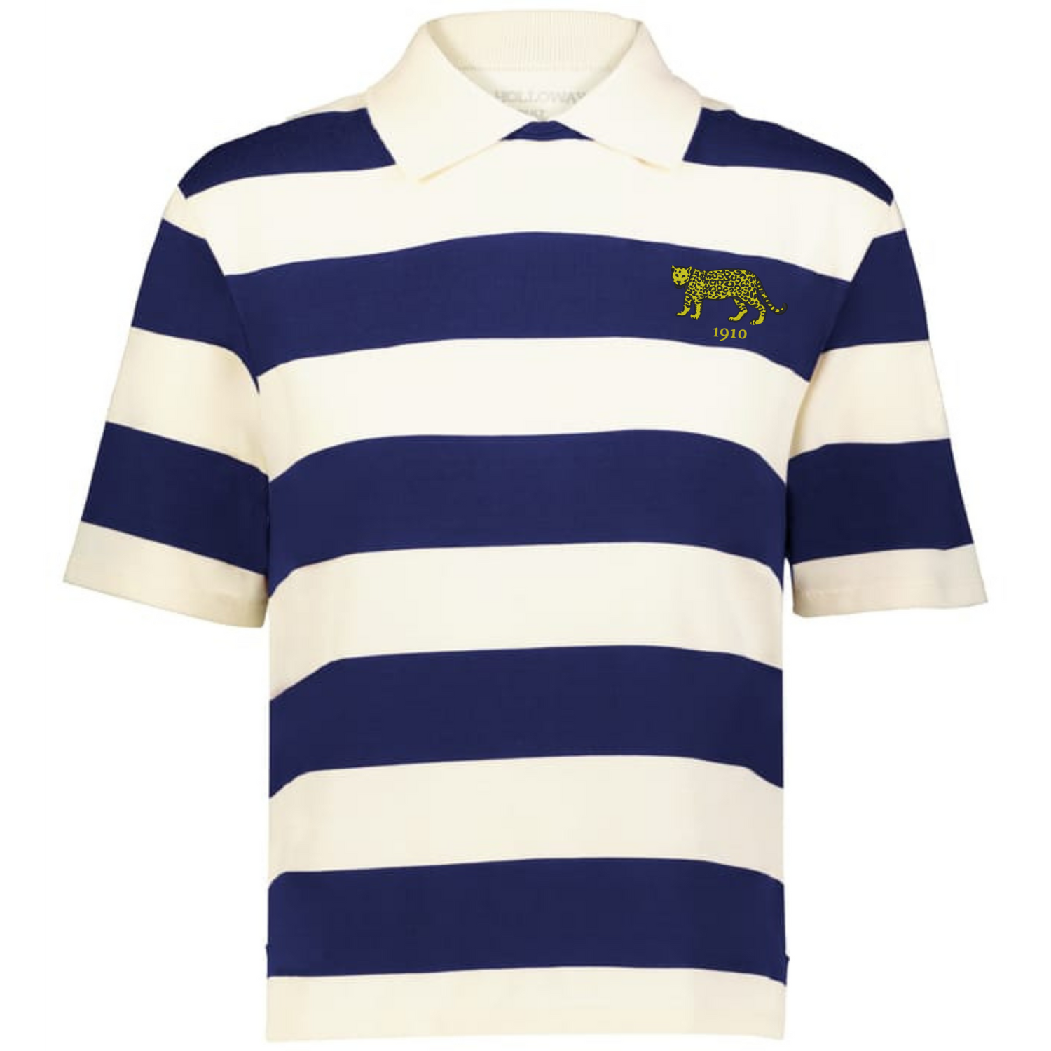 The EMB Augusta Women's Vintage Argentina Prep Street Rugby Crop is a short-sleeve collared tee with wide navy and white stripes, plus an embroidered yellow cheetah and "1910" on the left chest.
