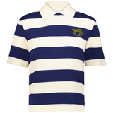 The EMB Augusta Women's Vintage Argentina Prep Street Rugby Crop is a short-sleeve collared tee with wide navy and white stripes, plus an embroidered yellow cheetah and "1910" on the left chest.