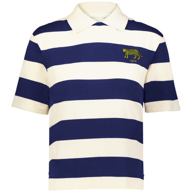 The EMB Augusta Women's Vintage Argentina Prep Street Rugby Crop is a short-sleeve collared tee with wide navy and white stripes, plus an embroidered yellow cheetah and "1910" on the left chest.