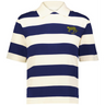 The EMB Augusta Women's Vintage Argentina Prep Street Rugby Crop is a short-sleeve collared tee with wide navy and white stripes, plus an embroidered yellow cheetah and "1910" on the left chest.