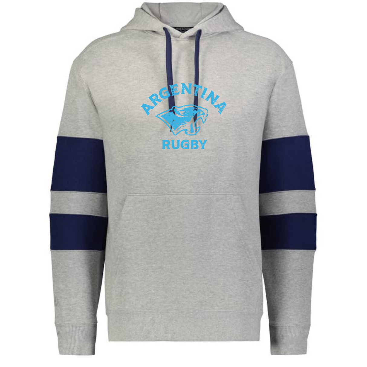 The WRS Augusta Nations of Rugby Argentina Jackson Way Hoodie is light grey with navy sleeve stripes and a bold blue "Argentina Rugby" logo with a jaguar head on the chest.
