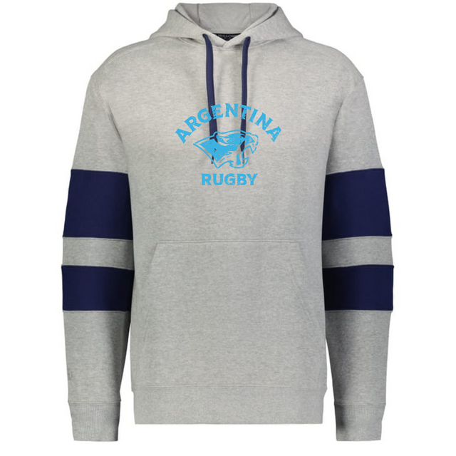 The WRS Augusta Nations of Rugby Argentina Jackson Way Hoodie is light grey with navy sleeve stripes and a bold blue "Argentina Rugby" logo with a jaguar head on the chest.