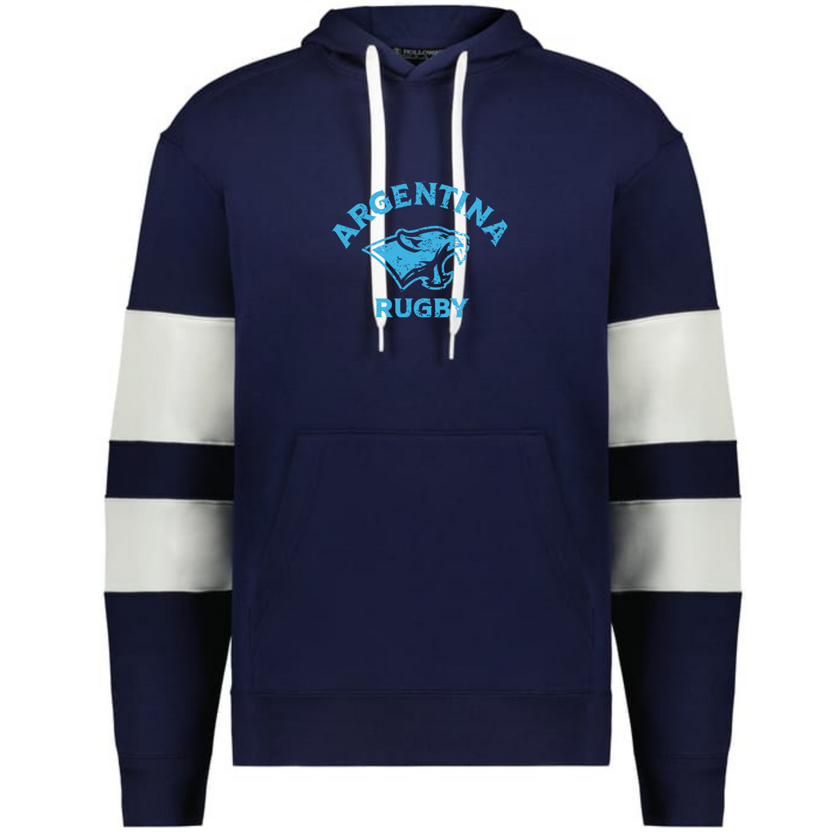 The WRS Augusta Nations of Rugby Argentina Jackson Way Hoodie is navy blue with white sleeve stripes, a front pocket, "Argentina Rugby" text, and a jaguar logo printed on the chest.