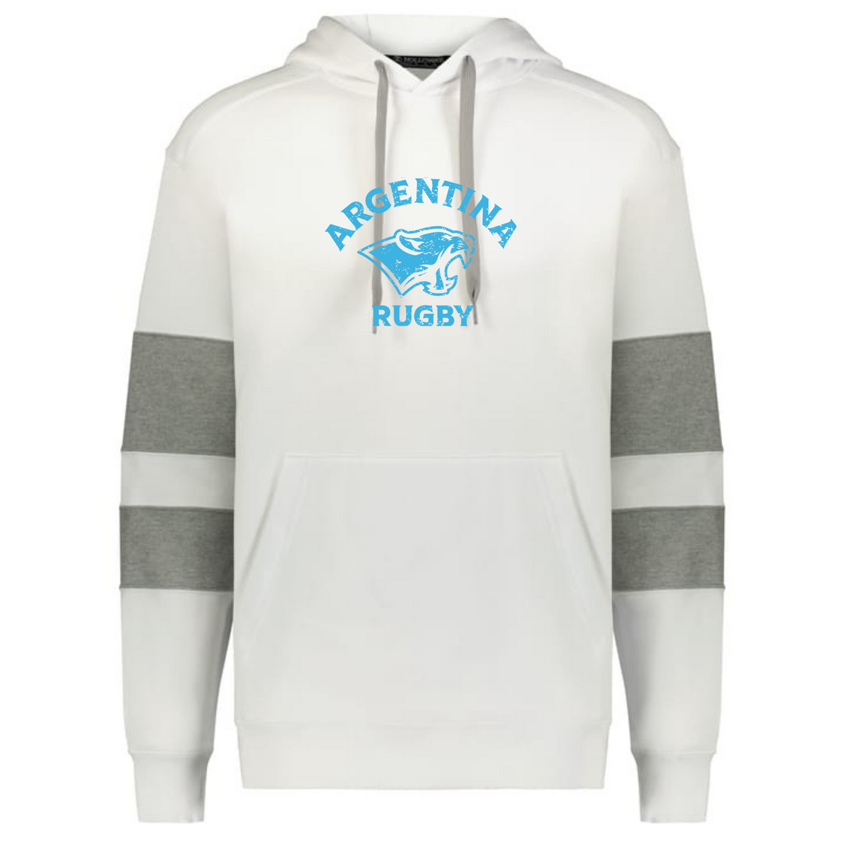 Show your rugby pride with the WRS Augusta Nations of Rugby Argentina Jackson Way Hoodie—white with gray sleeve stripes, front pocket, and a blue "Argentina Rugby" jaguar logo on the chest.