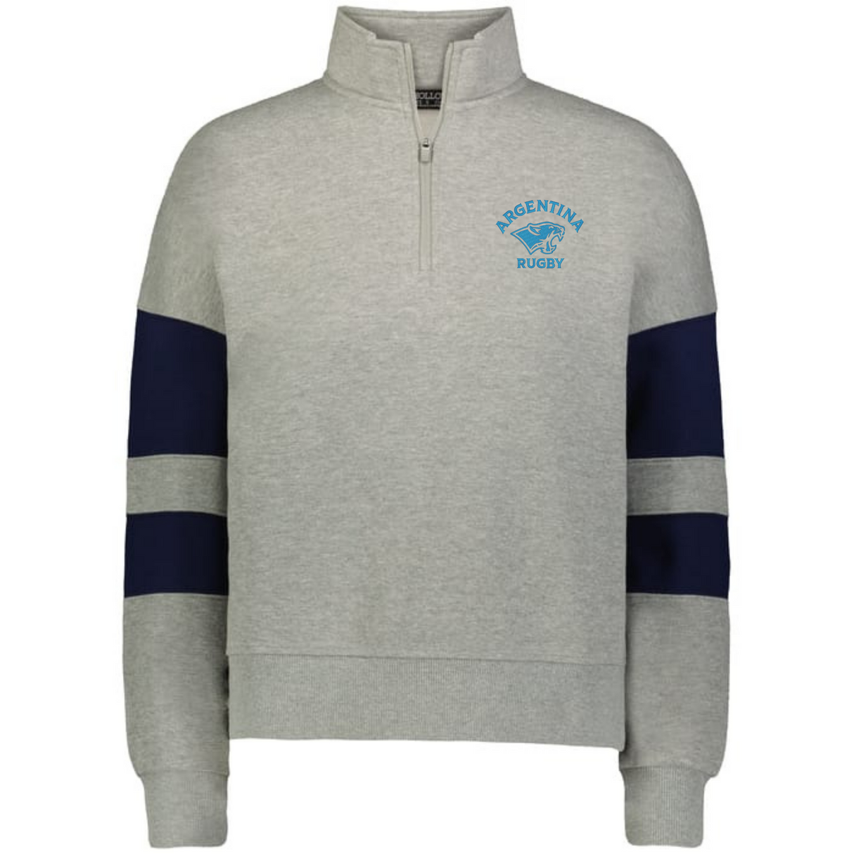 The EMB Augusta Women's Nations of Rugby Argentina Jackson Way Pullover features a light grey design, navy blue sleeve stripes, and an "Argentina Rugby" logo on the left chest.