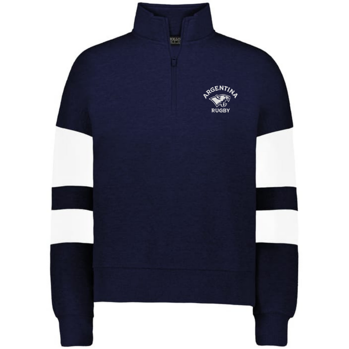 The EMB Augusta Women's Nations of Rugby Argentina Jackson Way Pullover is a navy cropped fleece quarter-zip with white sleeve stripes and an "Argentina Rugby" logo, perfect for sporty style.