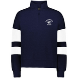 The EMB Augusta Women's Nations of Rugby Argentina Jackson Way Pullover is a navy cropped fleece quarter-zip with white sleeve stripes and an "Argentina Rugby" logo, perfect for sporty style.