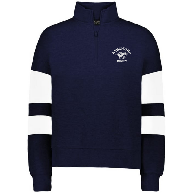 The EMB Augusta Women's Nations of Rugby Argentina Jackson Way Pullover is a navy cropped fleece quarter-zip with white sleeve stripes and an "Argentina Rugby" logo, perfect for sporty style.