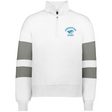 The EMB Augusta Women's Nations of Rugby Argentina Jackson Way Pullover features a white quarter-zip design, two gray stripes on each sleeve, and an "Argentina Rugby" blue jaguar logo on the left chest.