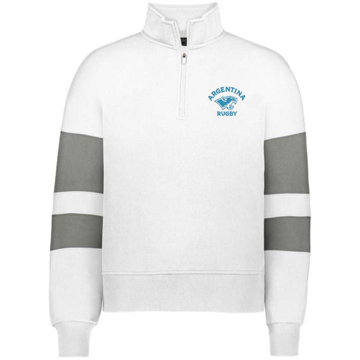 The EMB Augusta Women's Nations of Rugby Argentina Jackson Way Pullover features a white quarter-zip design, two gray stripes on each sleeve, and an "Argentina Rugby" blue jaguar logo on the left chest.