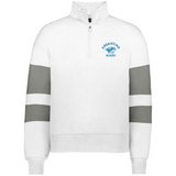 The EMB Augusta Women's Nations of Rugby Argentina Jackson Way Pullover features a white quarter-zip design, two gray stripes on each sleeve, and an "Argentina Rugby" blue jaguar logo on the left chest.