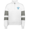 The EMB Augusta Women's Nations of Rugby Argentina Jackson Way Pullover features a white quarter-zip design, two gray stripes on each sleeve, and an "Argentina Rugby" blue jaguar logo on the left chest.