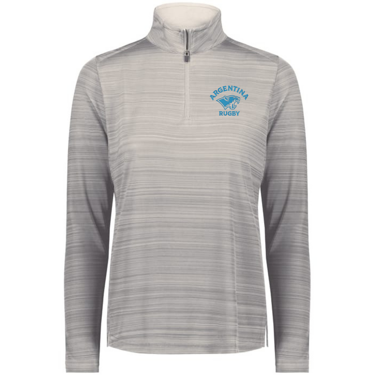 The Women's Nations of Rugby Argentina Pursuit 1/4 Zip Pullover by EMB Augusta features long sleeves, horizontal stripes, and a blue "Argentina Rugby" logo—ideal for fans seeking stylish, moisture-wicking athletic wear.
