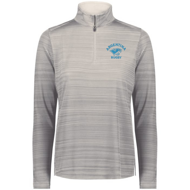 The Women's Nations of Rugby Argentina Pursuit 1/4 Zip Pullover by EMB Augusta features long sleeves, horizontal stripes, and a blue "Argentina Rugby" logo—ideal for fans seeking stylish, moisture-wicking athletic wear.
