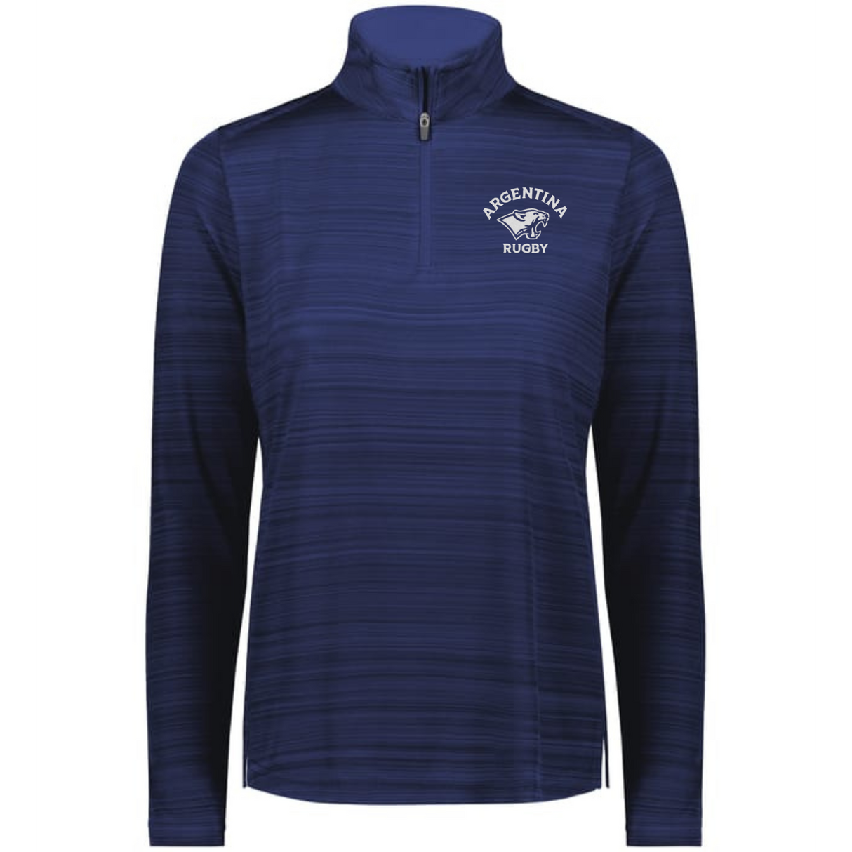 The EMB Augusta Women's Nations of Rugby Argentina Pursuit 1/4 Zip Pullover is a blue, long-sleeve top with the Argentina Rugby logo on the left chest—stylish, moisture-wicking athletic wear.