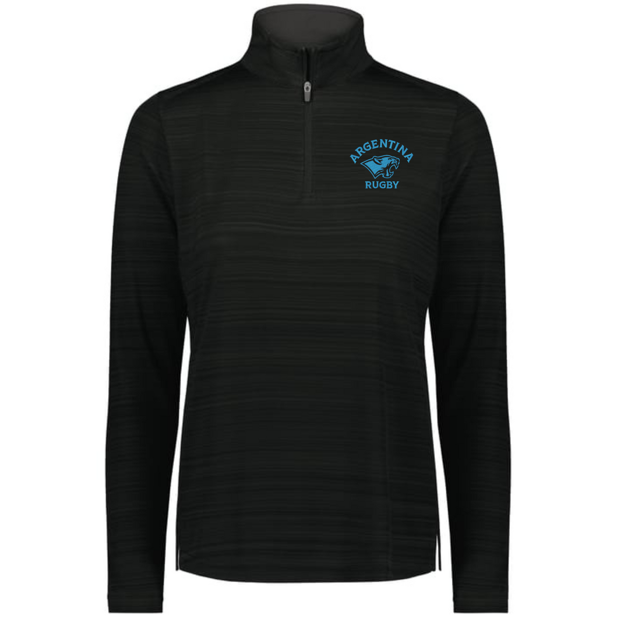 The EMB Augusta Women's Nations of Rugby Argentina Pursuit 1/4 Zip Pullover features long sleeves, moisture-wicking fabric, and a blue "Argentina Rugby" logo with jaguar graphic on the left chest for comfort and style.