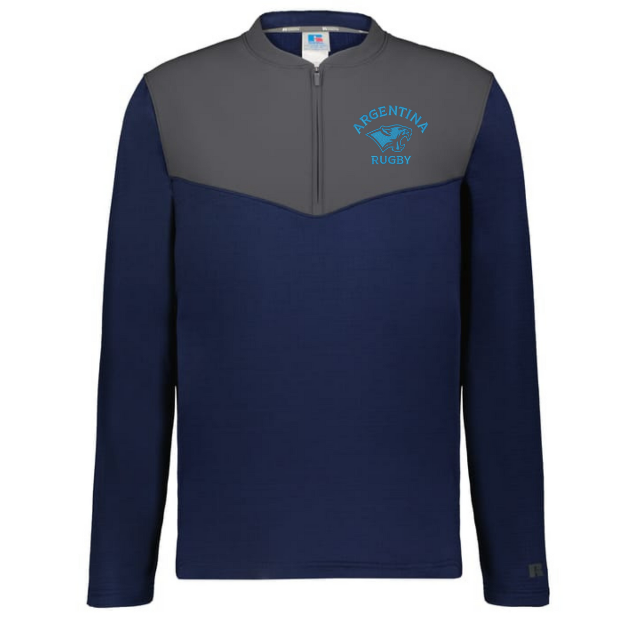 The EMB Augusta Nations of Rugby Argentina Sideline Grid 1/4 Zip Pullover in navy and gray features a bold puma graphic and "Argentina Rugby" logo on the left chest.