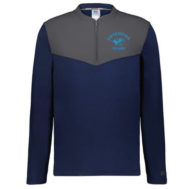 The EMB Augusta Nations of Rugby Argentina Sideline Grid 1/4 Zip Pullover in navy and gray features a bold puma graphic and "Argentina Rugby" logo on the left chest.