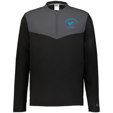 The EMB Augusta Nations of Rugby Argentina Sideline Grid 1/4 Zip Pullover is a black and gray long-sleeve featuring an "Argentina Rugby" jaguar logo on the left chest.