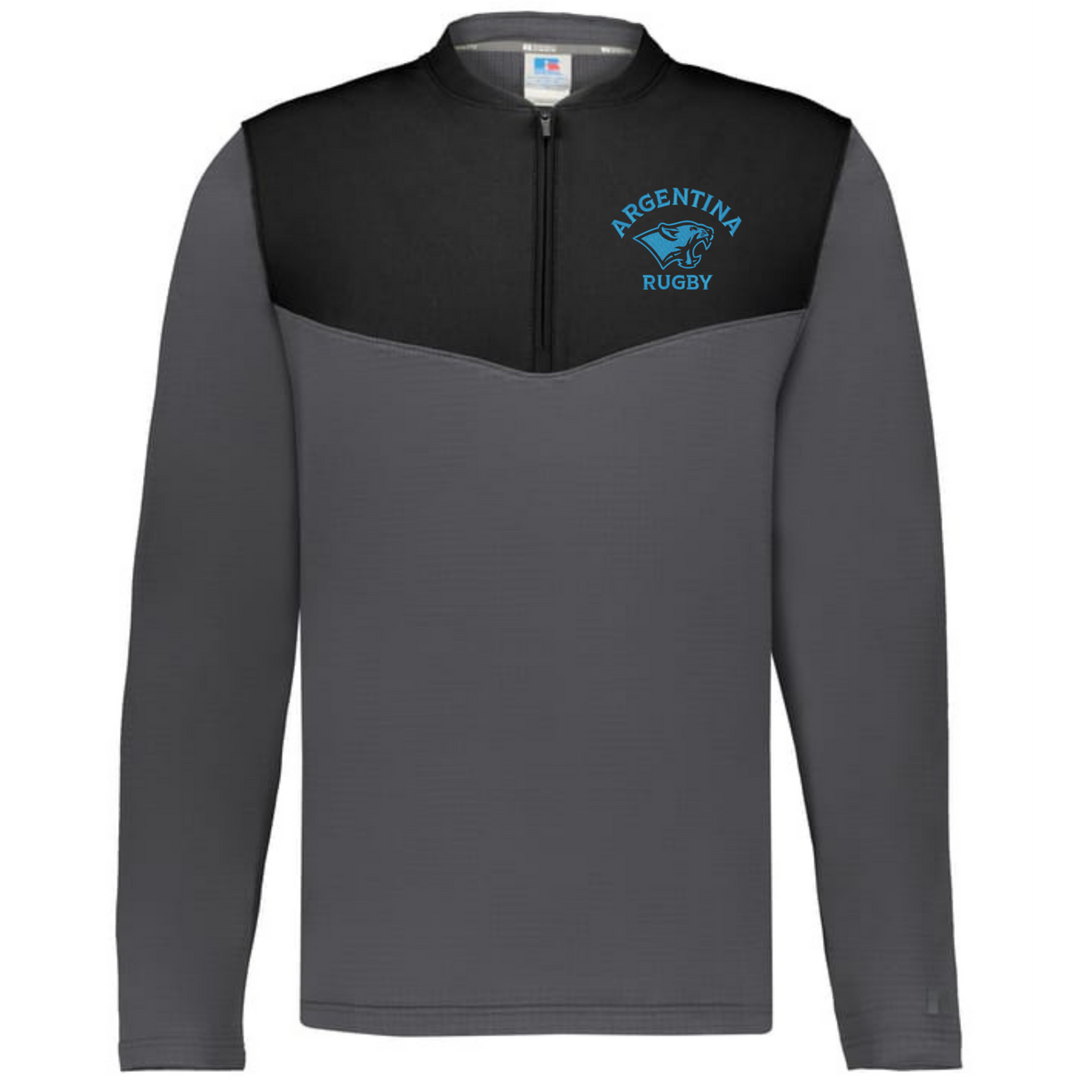 The EMB Augusta Nations of Rugby Argentina Sideline Grid 1/4 Zip Pullover features gray and black colors with "Argentina Rugby" and a blue jaguar logo on the chest—ideal official gear for Argentina rugby fans.