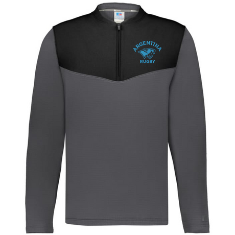 The EMB Augusta Nations of Rugby Argentina Sideline Grid 1/4 Zip Pullover features gray and black colors with "Argentina Rugby" and a blue jaguar logo on the chest—ideal official gear for Argentina rugby fans.