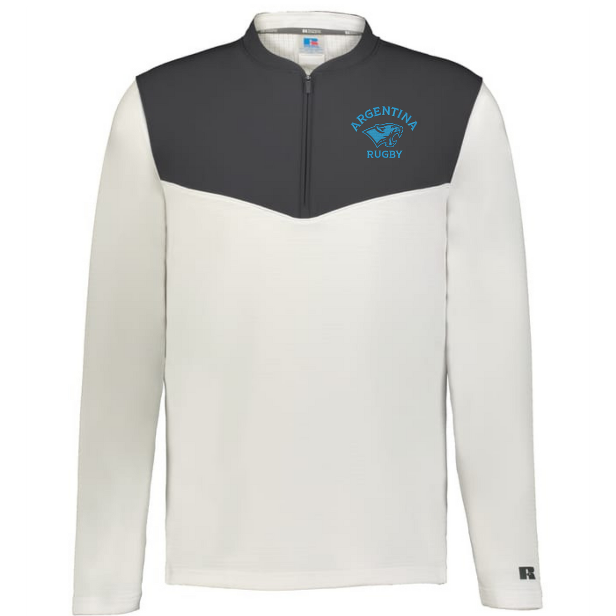 The EMB Augusta Nations of Rugby Argentina Sideline Grid 1/4 Zip Pullover features long sleeves, a half-zip design, dark gray upper with cream lower sections, and an "Argentina Rugby" logo on the left chest.