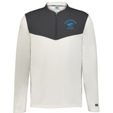 The EMB Augusta Nations of Rugby Argentina Sideline Grid 1/4 Zip Pullover features long sleeves, a half-zip design, dark gray upper with cream lower sections, and an "Argentina Rugby" logo on the left chest.