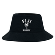 The EMB S&S Activewear Nations of Rugby Fiji Rugby Crusher Bucket Hat features black cotton twill with "FIJI RUGBY" and a palm tree embroidered in white—ideal for any rugby fan.