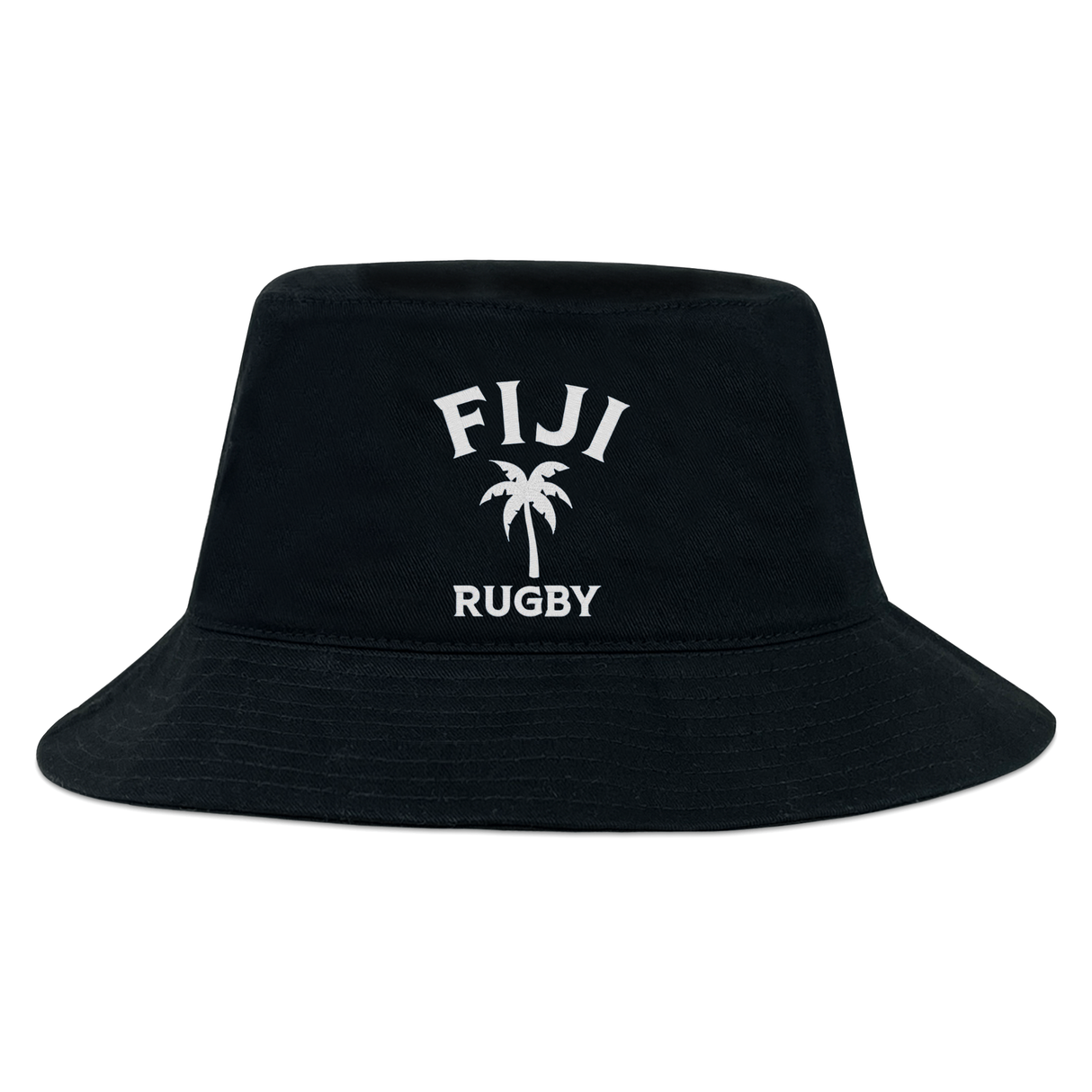 The EMB S&S Activewear Nations of Rugby Fiji Rugby Crusher Bucket Hat features black cotton twill with "FIJI RUGBY" and a palm tree embroidered in white—ideal for any rugby fan.