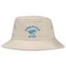 The EMB S&S Activewear Nations of Rugby Argentina Rugby Crusher Bucket Hat features beige cotton twill, blue "Argentina Rugby" text, and a jaguar logo—ideal for any rugby supporter’s hat collection.