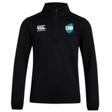 The Argentina Club Shield 1/4 Zip Training Top by EMB Canterbury is a black long-sleeve sports jacket with the Canterbury logo and an embroidered blue and white shield. Made from durable bonded fleece, it's ideal as a rugby training top, ensuring comfort and resilience for every game.