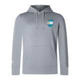 The EMB Canterbury Argentina Shield Club Lightweight Hoodie is a lightweight gray hoodie with a front pocket and hood, featuring a small blue and white stripe Argentina Shield emblem on the left chest—ideal for rugby supporters.