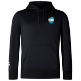 The EMB Canterbury Argentina Shield Club Lightweight Hoodie is a lightweight black hoodie with a small blue and white Argentina shield emblem on the chest and a logo on the right sleeve, ideal for rugby supporters.