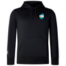 The EMB Canterbury Argentina Shield Club Lightweight Hoodie is a lightweight black hoodie with a small blue and white Argentina shield emblem on the chest and a logo on the right sleeve, ideal for rugby supporters.