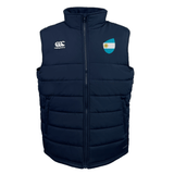 The EMB Canterbury Argentina Shield Core Gilet is a navy padded vest with Thermoreg insulation, a front zipper, logo on the left chest, and a flag emblem on the right, combining style and warmth.