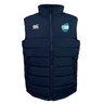 The EMB Canterbury Argentina Shield Core Gilet is a navy padded vest with Thermoreg insulation, a front zipper, logo on the left chest, and a flag emblem on the right, combining style and warmth.