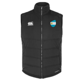 The Argentina Shield Core Gilet by EMB Canterbury is a black puffer vest with the Canterbury logo on the left and a blue and white shield emblem on the right, enhanced with Vaposhield technology for superior water resistance.
