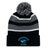 The EMB Augusta Nations of Rugby Argentina Hooped Pom-Pom Beanie features black, grey, and white stripes, a front cuff with blue "Argentina Rugby" and jaguar logo embroidery—ideal for rugby fans.