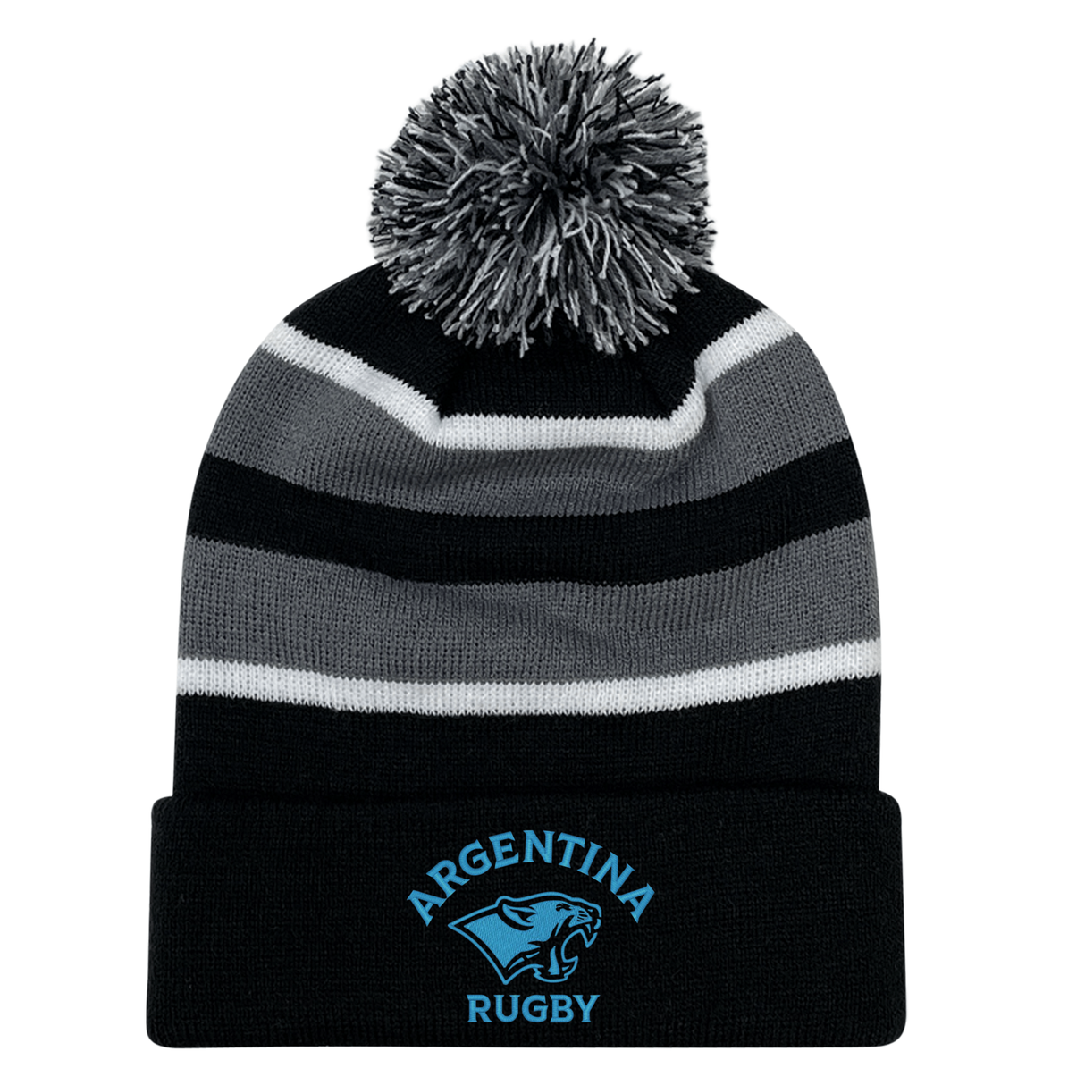 The EMB Augusta Nations of Rugby Argentina Hooped Pom-Pom Beanie features black, grey, and white stripes, a front cuff with blue "Argentina Rugby" and jaguar logo embroidery—ideal for rugby fans.
