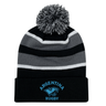 The EMB Augusta Nations of Rugby Argentina Hooped Pom-Pom Beanie features black, grey, and white stripes, a front cuff with blue "Argentina Rugby" and jaguar logo embroidery—ideal for rugby fans.